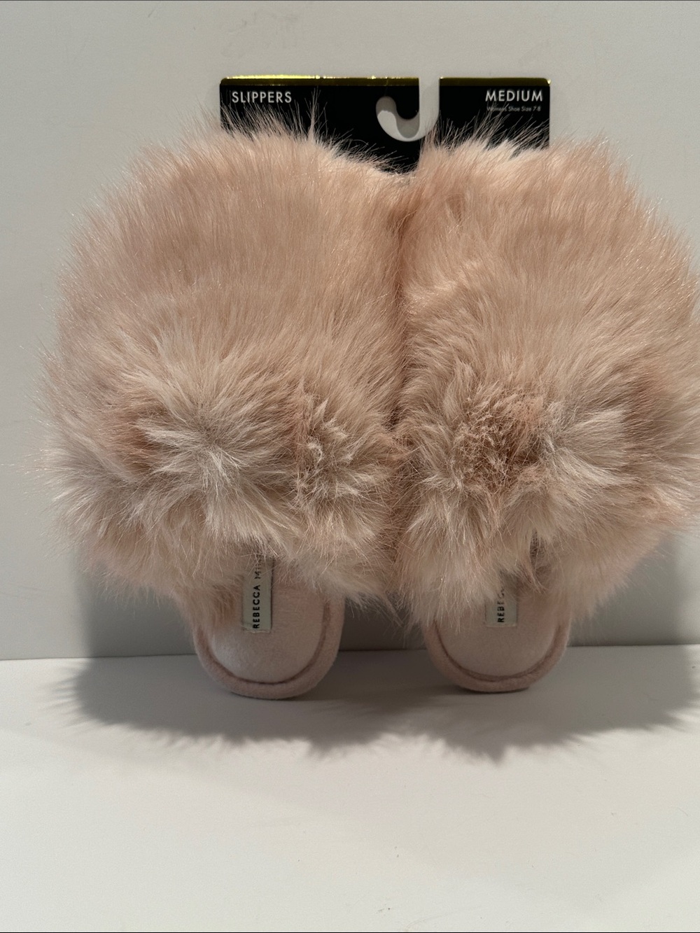 NWT Rebecca Minkoff Baby Pink Faux Furry Bedroom Slippers with rubber soles.